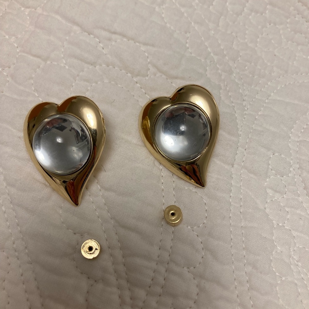 Chunky Gold Heart Earrings with Clear Center